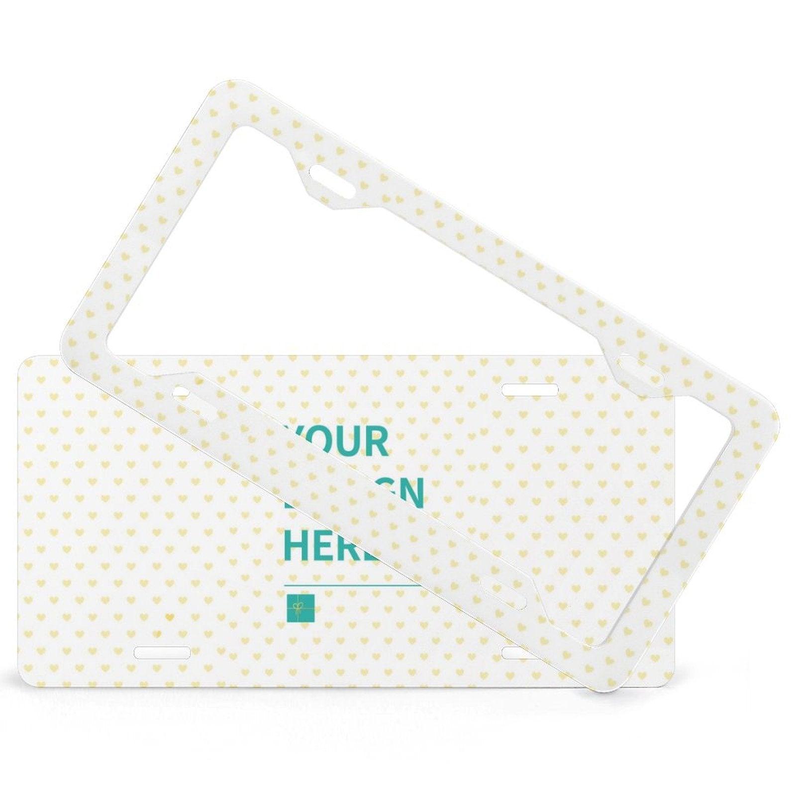 Customizable license plate with heart pattern and frame. Perfect personalized gift with 'YOUR DESIGN HERE'.