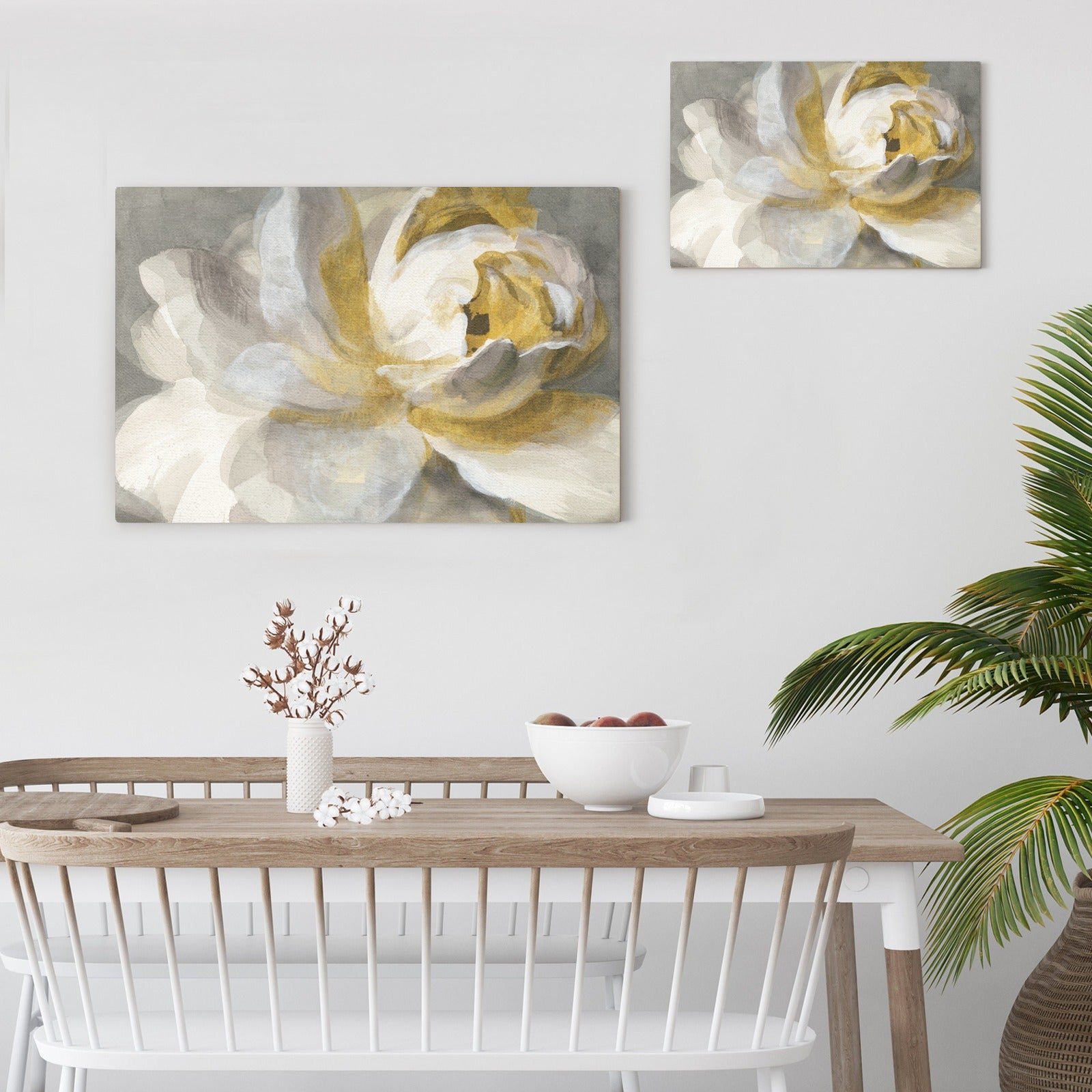 Abstract rose gold canvas print, white and gold flower wall decor, modern minimalist art for home.