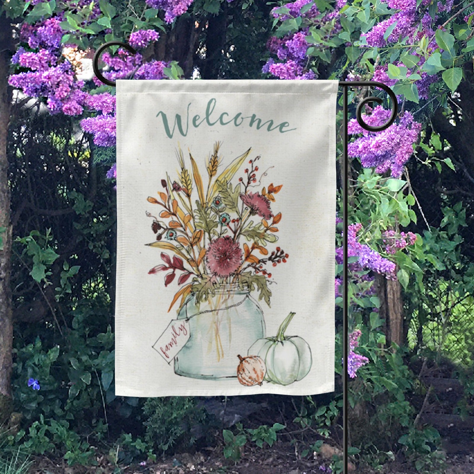 Welcome Garden Flag with floral design, pumpkins, Made in USA