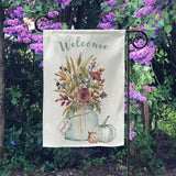 Welcome Garden Flag with floral design, pumpkins, Made in USA