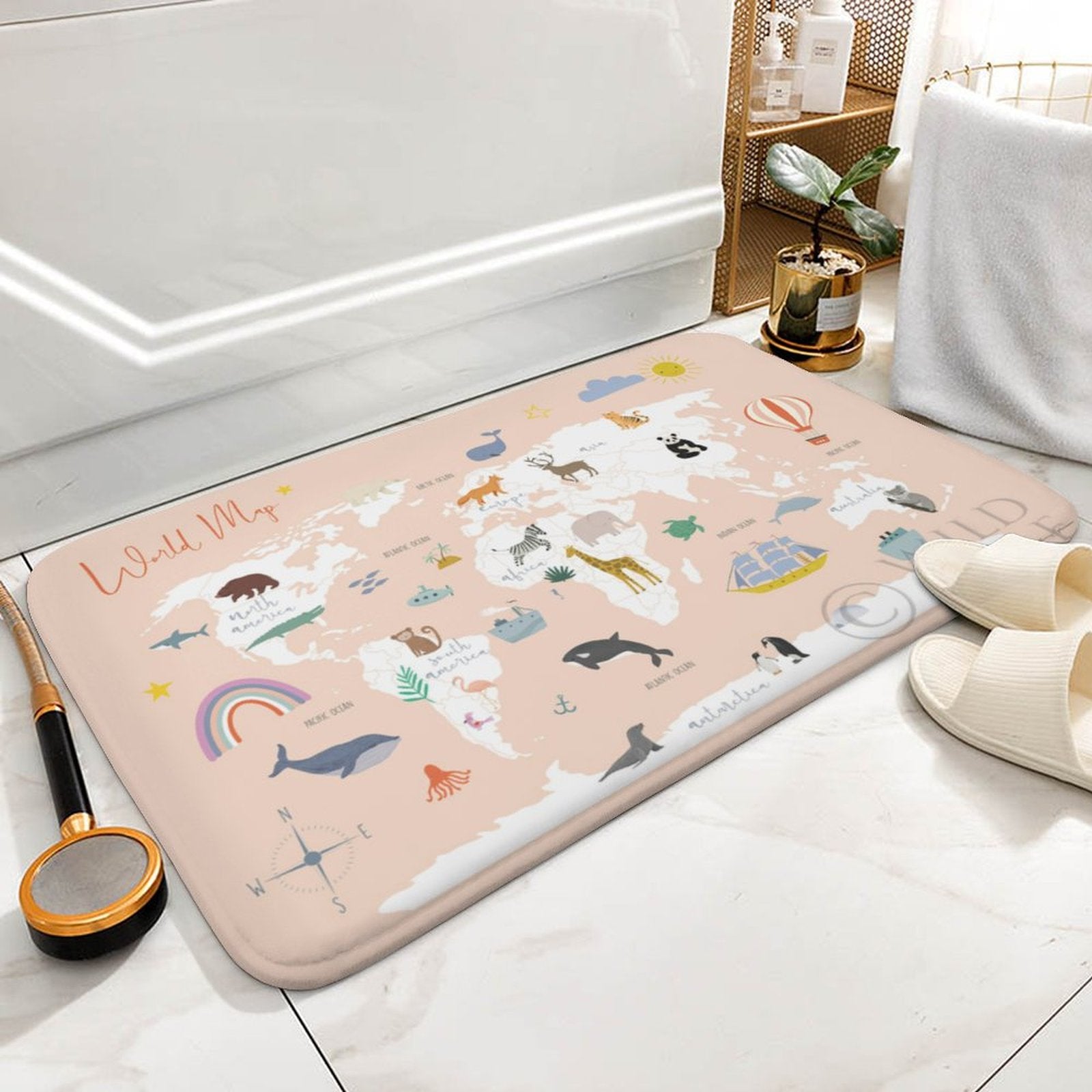 Coral velvet world map bath rug with animal illustrations, non-slip bathroom rug