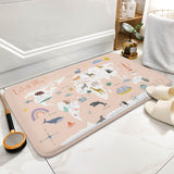 Coral velvet world map bath rug with animal illustrations, non-slip bathroom rug