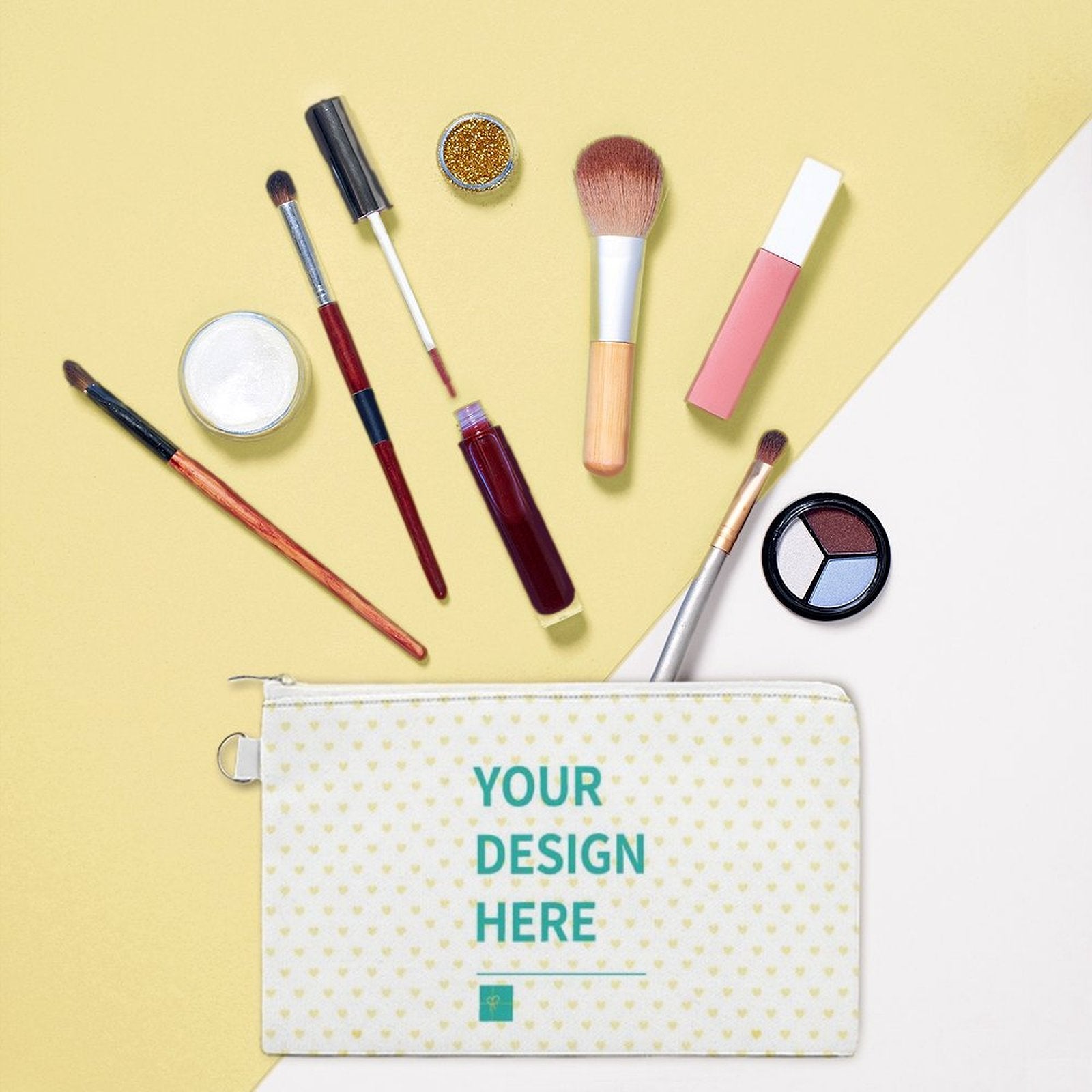 Custom canvas coin purse mini wallet with makeup brushes and products, featuring 'YOUR DESIGN HERE' text.