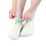 Customizable socks with 'YOUR DESIGN HERE' text, soft polyester material, perfect personalized gift