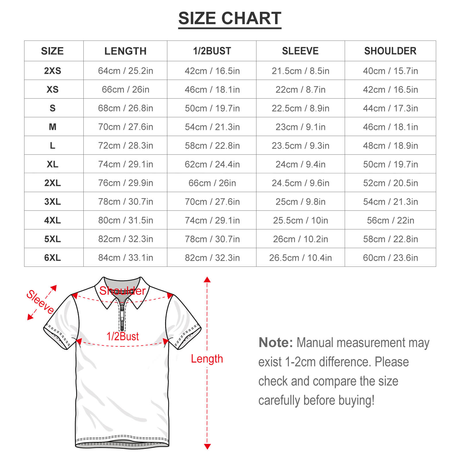Men's zipper polo shirt size chart, including length, bust, sleeve, and shoulder measurements, for breathable work shirts.