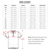 Men's zipper polo shirt size chart, including length, bust, sleeve, and shoulder measurements, for breathable work shirts.