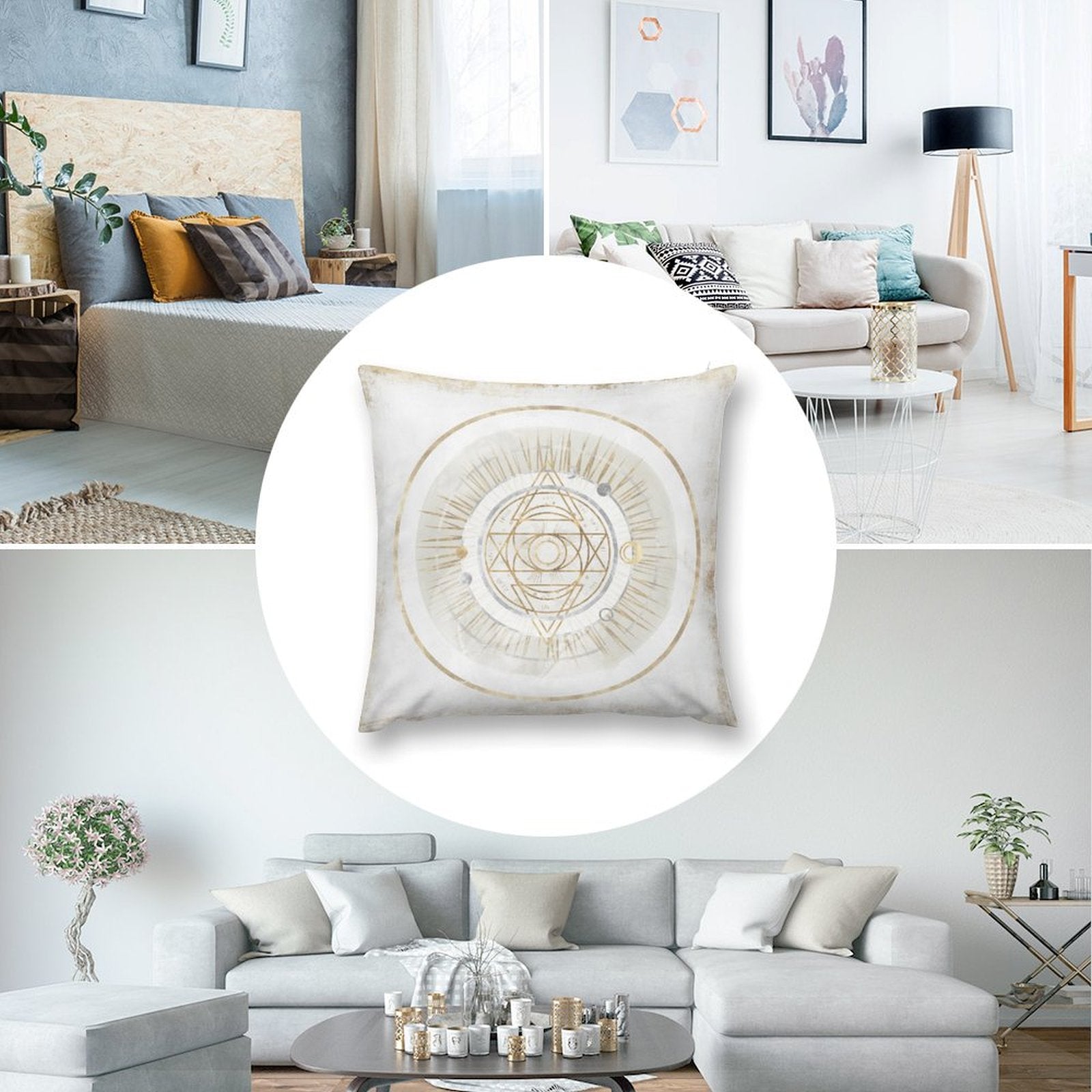 Luxury plush pillow cover with gold celestial design. Soft, fluffy, perfect for sofa or couch decor.