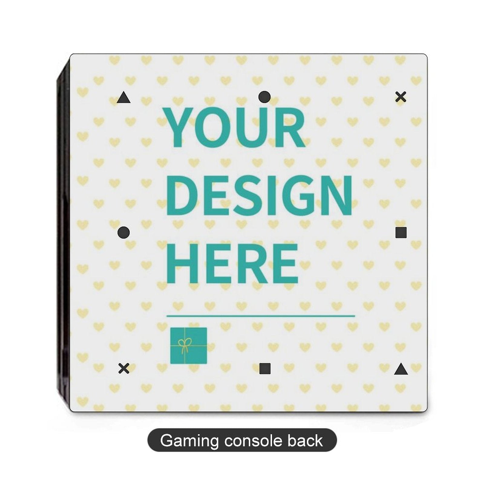 Custom PS4 skin with 'YOUR DESIGN HERE' design, heart pattern, PVC sticker for PS4 console back, personalized gaming gift.
