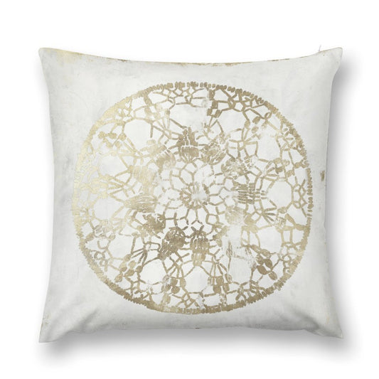 Luxury soft fluffy pillow cover with a golden lace design on a white background. Decorative for sofa, couch, living room.