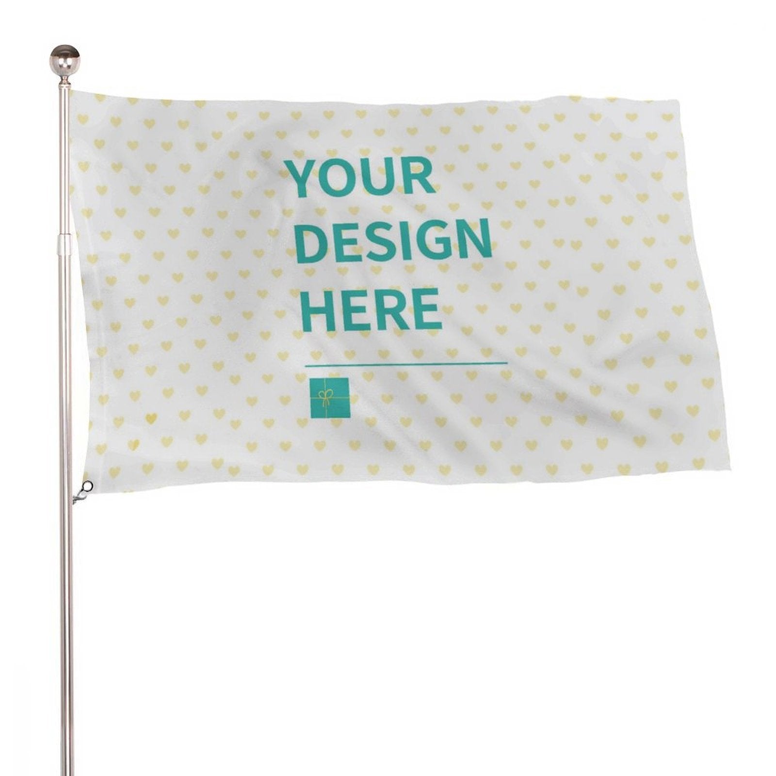 Custom flag with 'YOUR DESIGN HERE' on white, heart pattern, outdoor decor, polyester material.