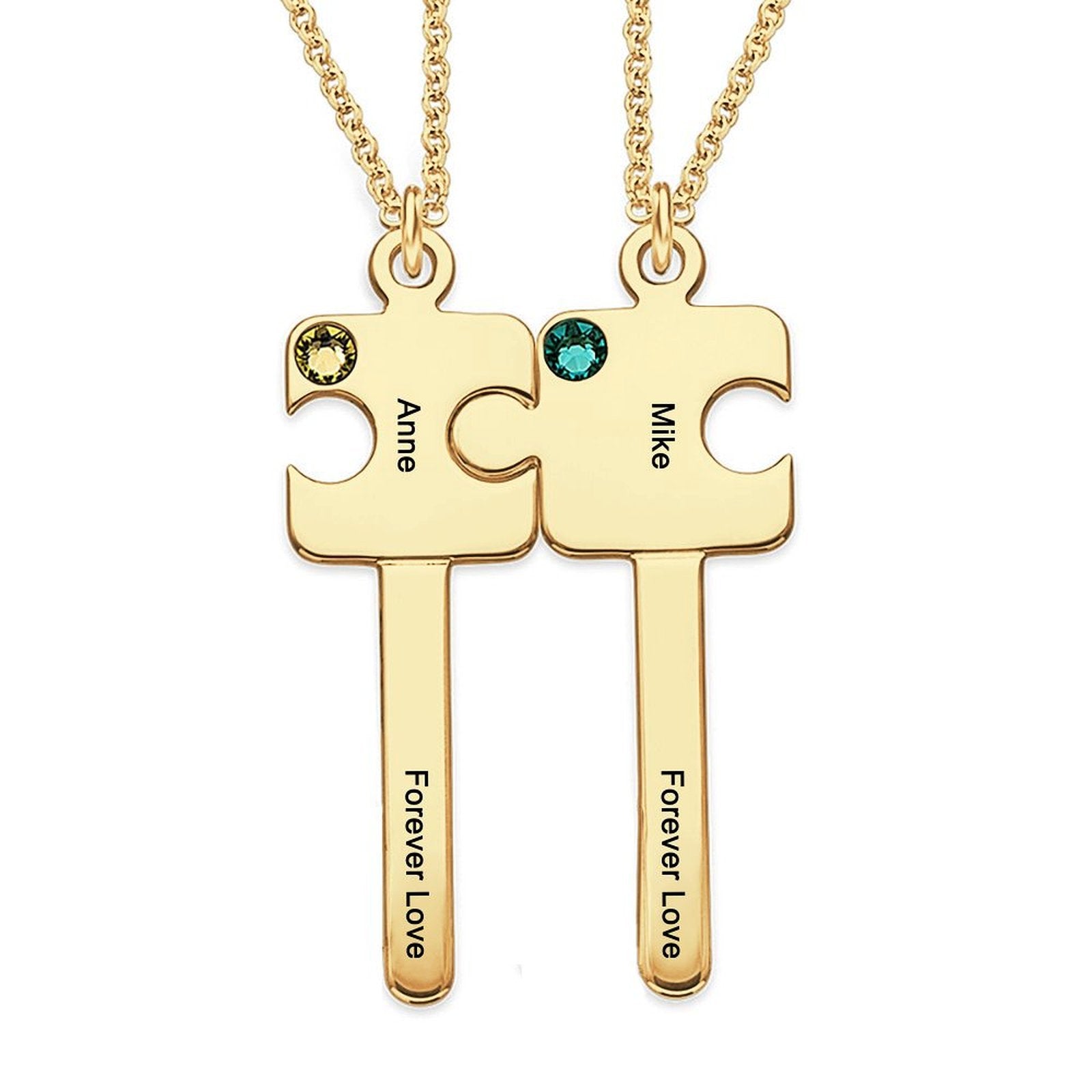 Personalized gold couple puzzle necklace with names 'Anne' and 'Mike' and 'Forever Love' engraving, perfect gift.