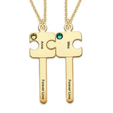 Personalized gold couple puzzle necklace with names 'Anne' and 'Mike' and 'Forever Love' engraving, perfect gift.