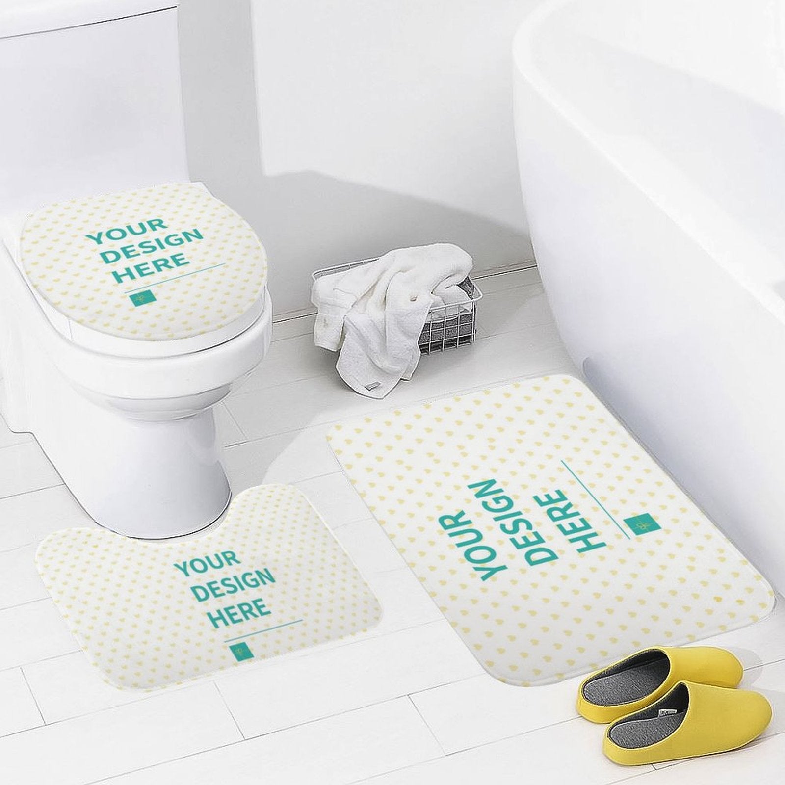 Personalized bathroom rug set with "YOUR DESIGN HERE" design, coral fleece material. MyArtsyGift