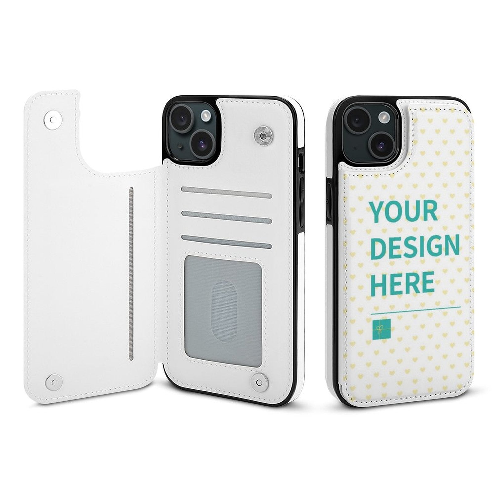 White PU leather iPhone 15 Series flip case with 'YOUR DESIGN HERE' text, card slots, and magnetic closure