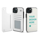 White PU leather iPhone 15 Series flip case with 'YOUR DESIGN HERE' text, card slots, and magnetic closure