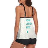 Customizable tankini swimsuit for women with 'YOUR DESIGN HERE' text, heart pattern top, black shorts, and adjustable straps
