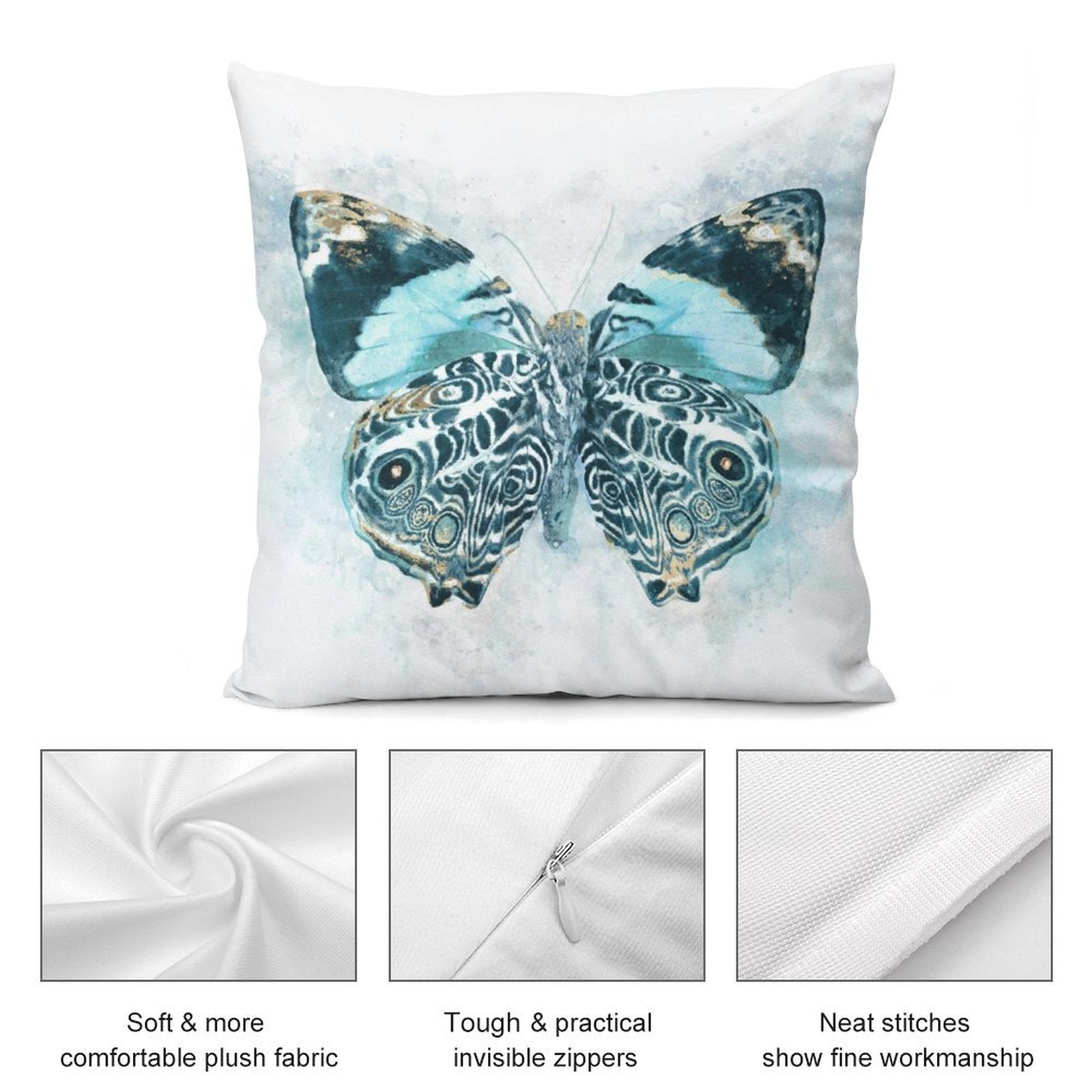Butterfly design plush pillow cover, featuring soft plush fabric, invisible zippers, and neat stitches for living room.