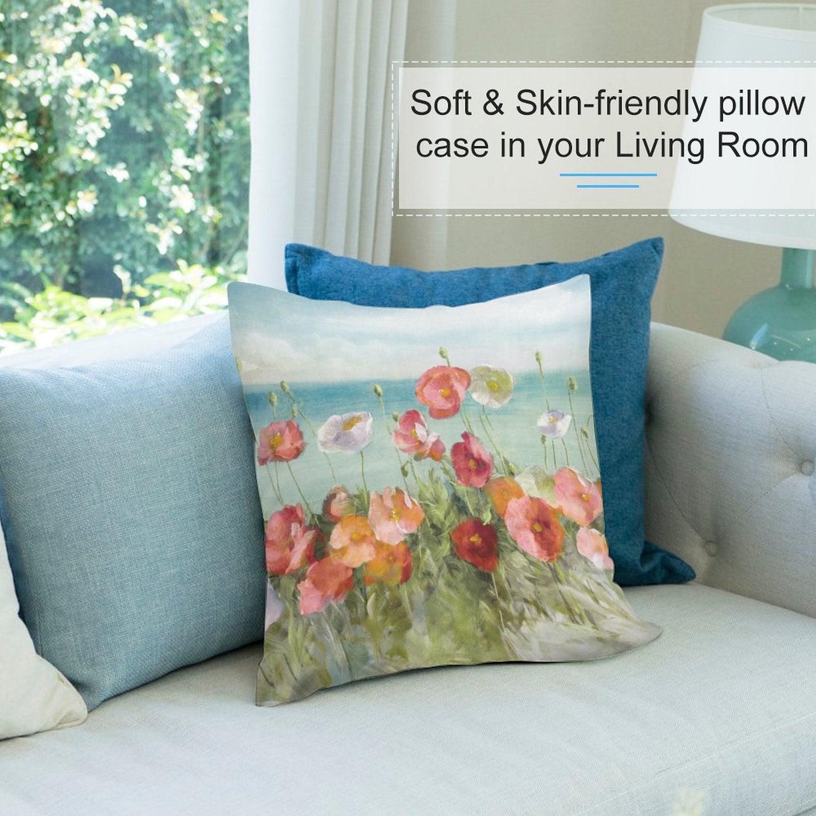 Soft & skin-friendly plush pillow cover in living room, poppy floral design, decorative pillow