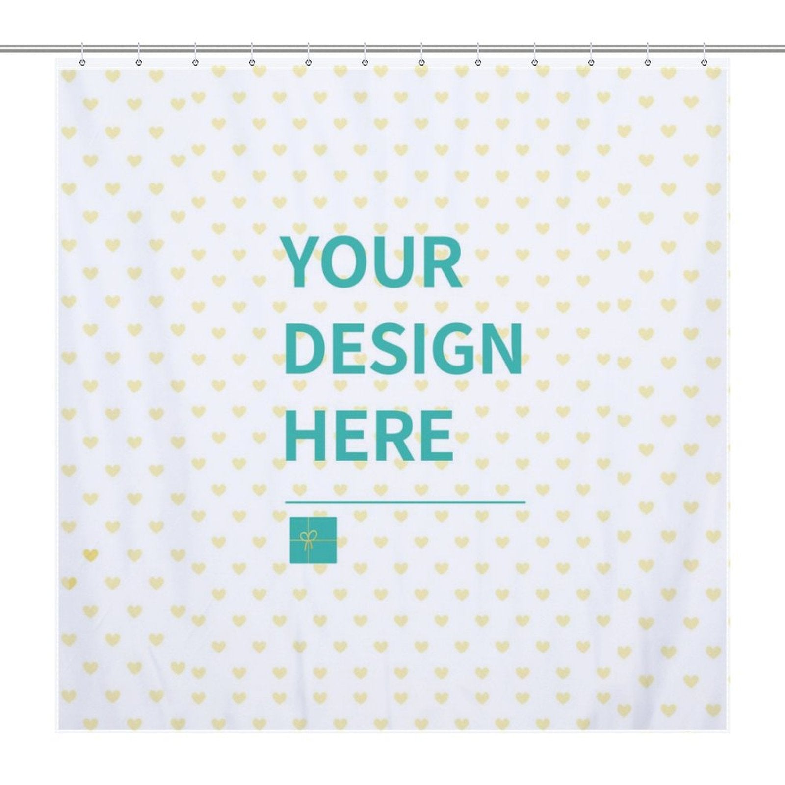 Custom shower curtain with 'YOUR DESIGN HERE' text and heart pattern; polyester fabric.