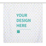 Custom shower curtain with 'YOUR DESIGN HERE' text and heart pattern; polyester fabric.