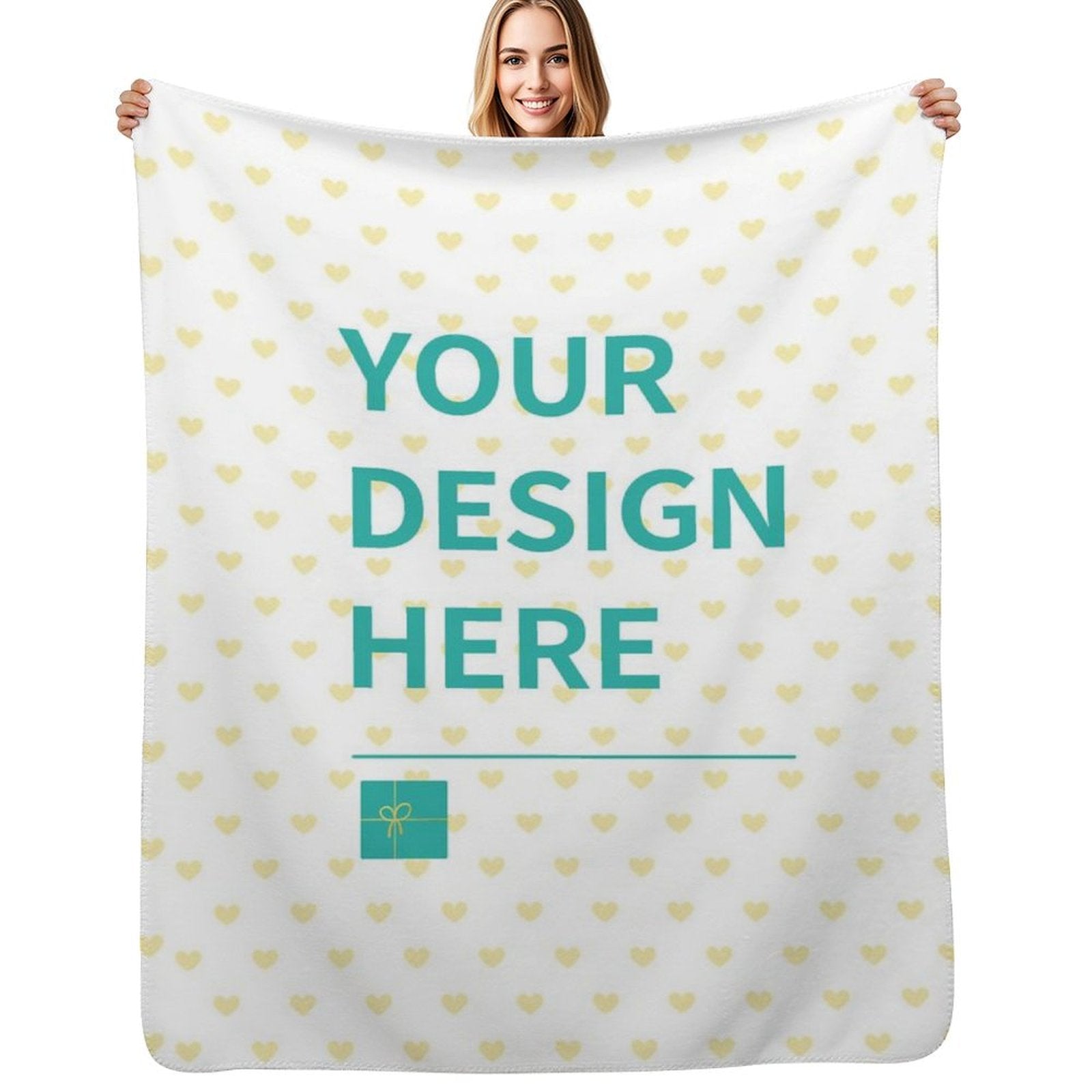 Customizable lamb wool fleece blanket with 'YOUR DESIGN HERE' text, heart pattern, perfect gift