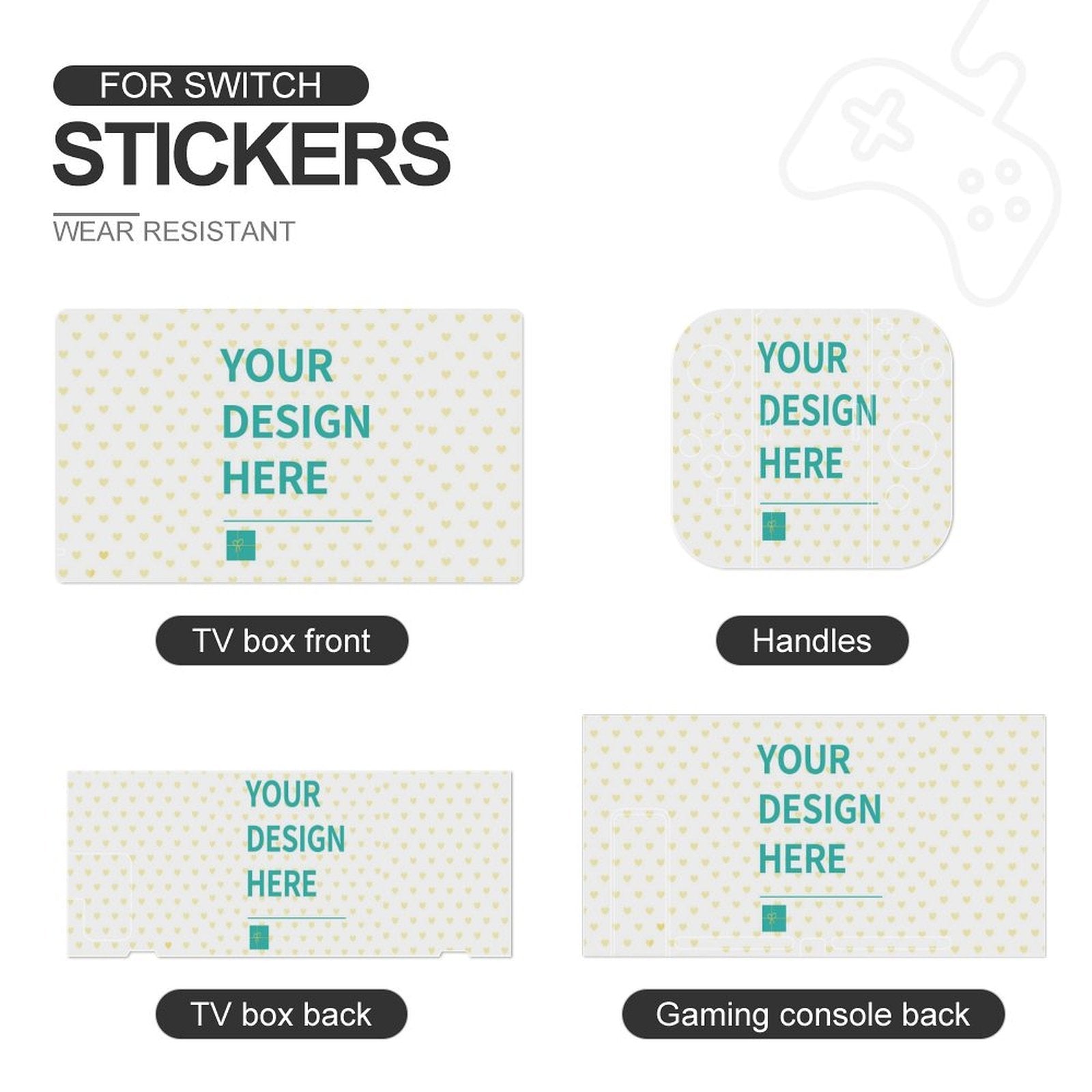 Customizable Nintendo Switch skin stickers with heart pattern, ready for personalization with 'Your Design Here' text.