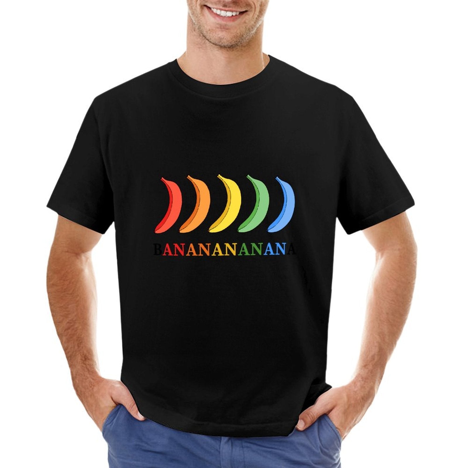 Men's black crew neck t-shirt with rainbow banana design, cotton tee for MyArtsyGift, sizes S-6XL