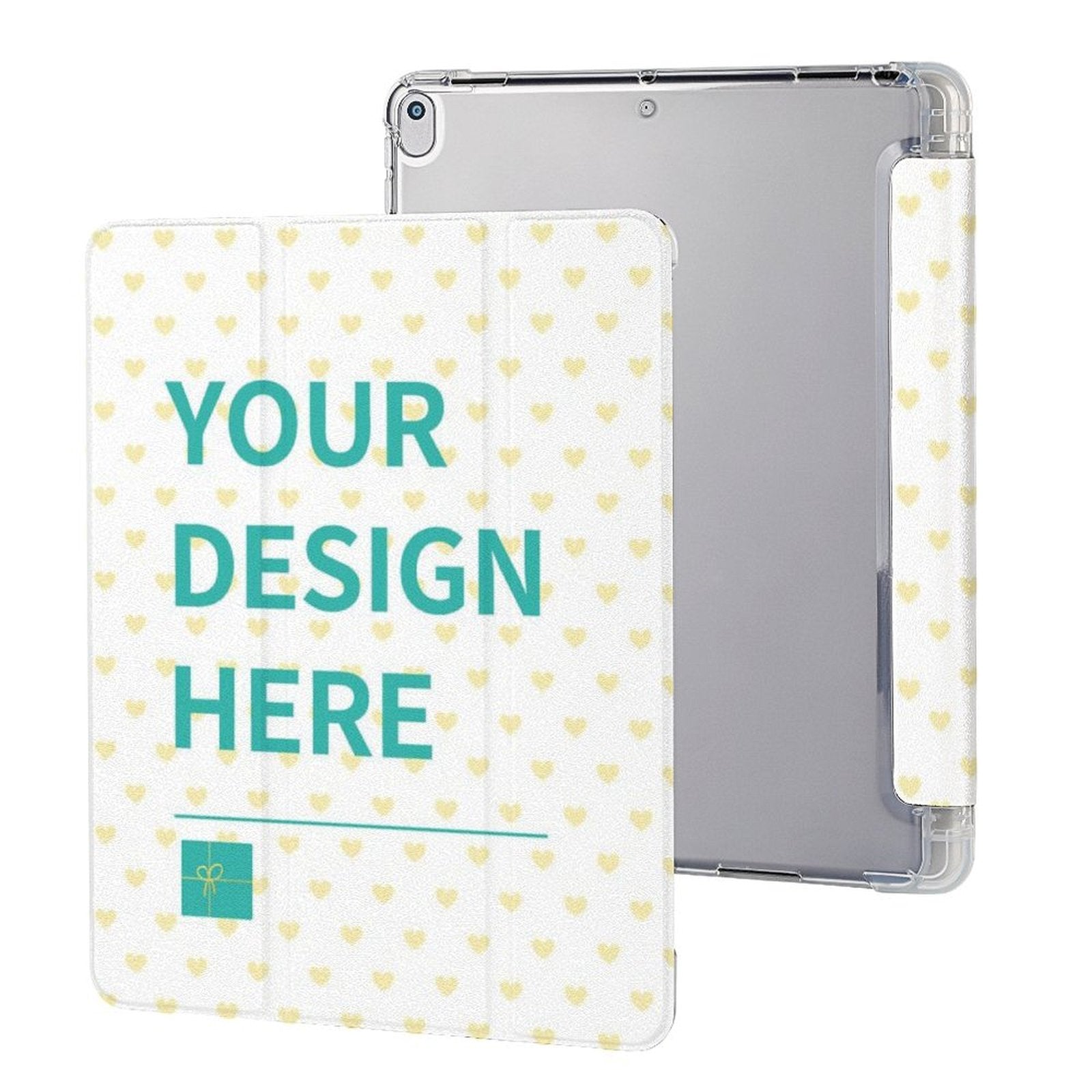 Custom iPad case with 'YOUR DESIGN HERE' design, heart pattern, pen slot, and protective cover.