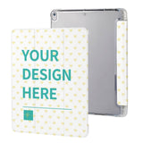 Custom iPad case with 'YOUR DESIGN HERE' design, heart pattern, pen slot, and protective cover.