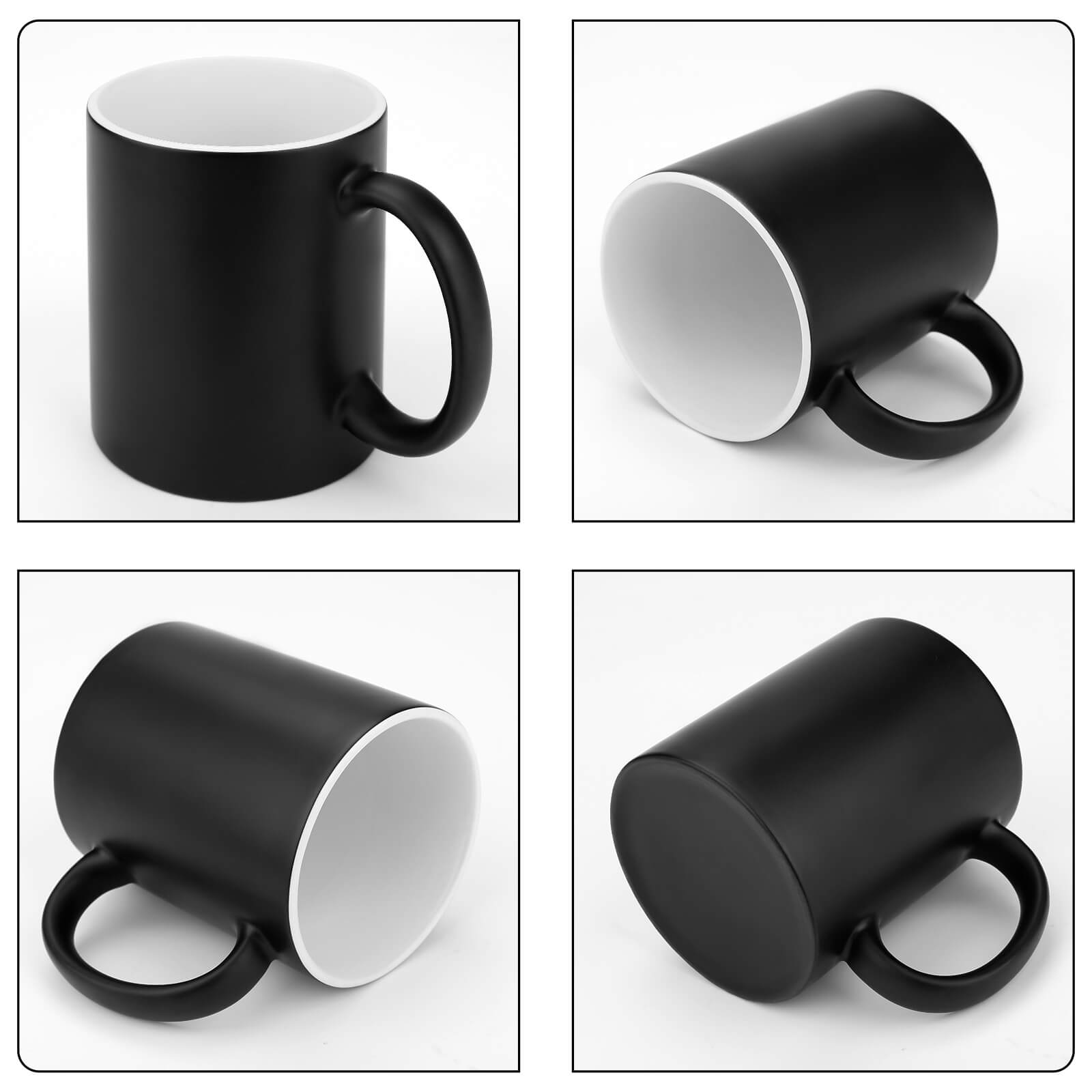 Black ceramic color-changing mug with white interior, perfect for custom designs. Durable and heat-resistant.
