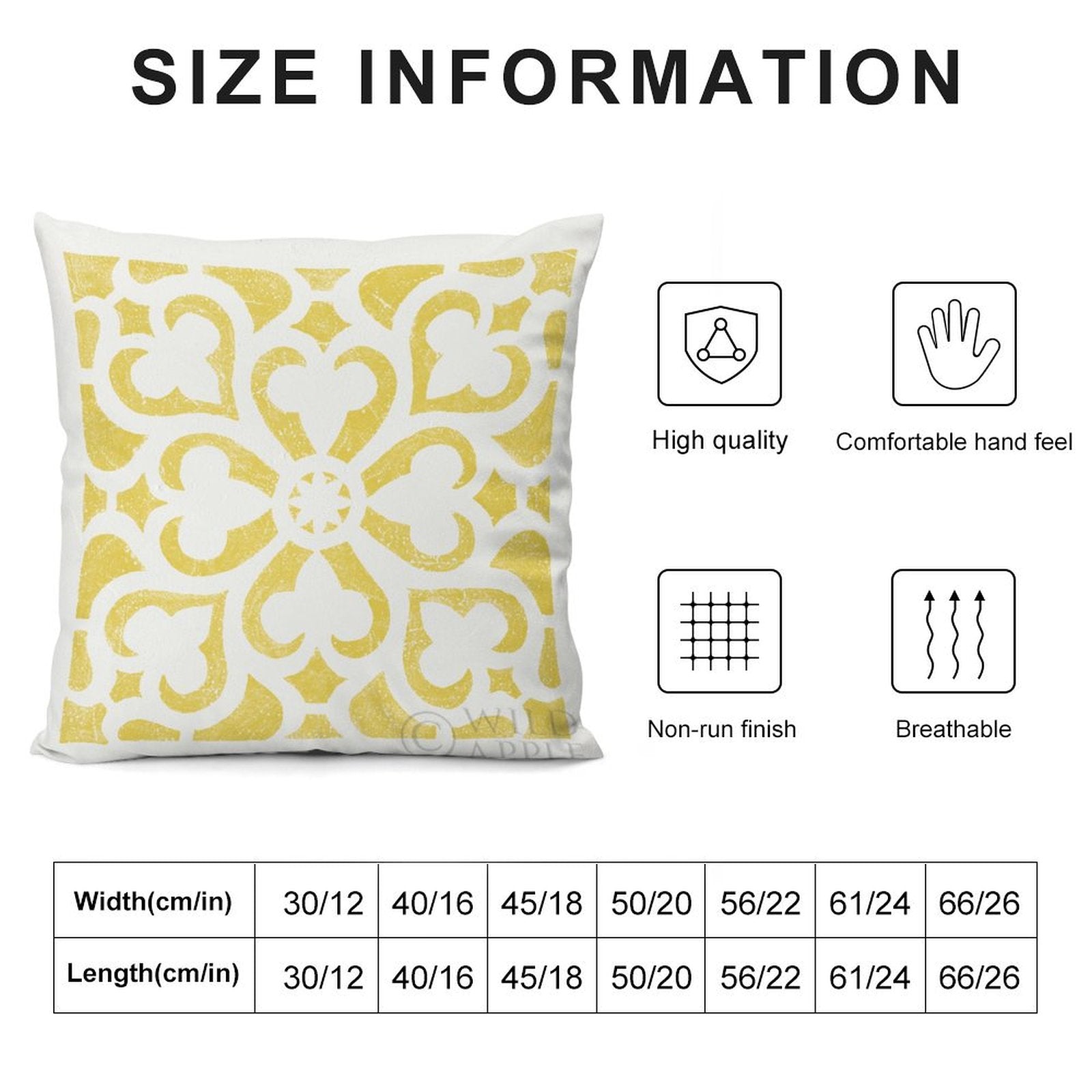Yellow floral pattern throw pillow cover with size information and quality details, for sofa and living room decoration.