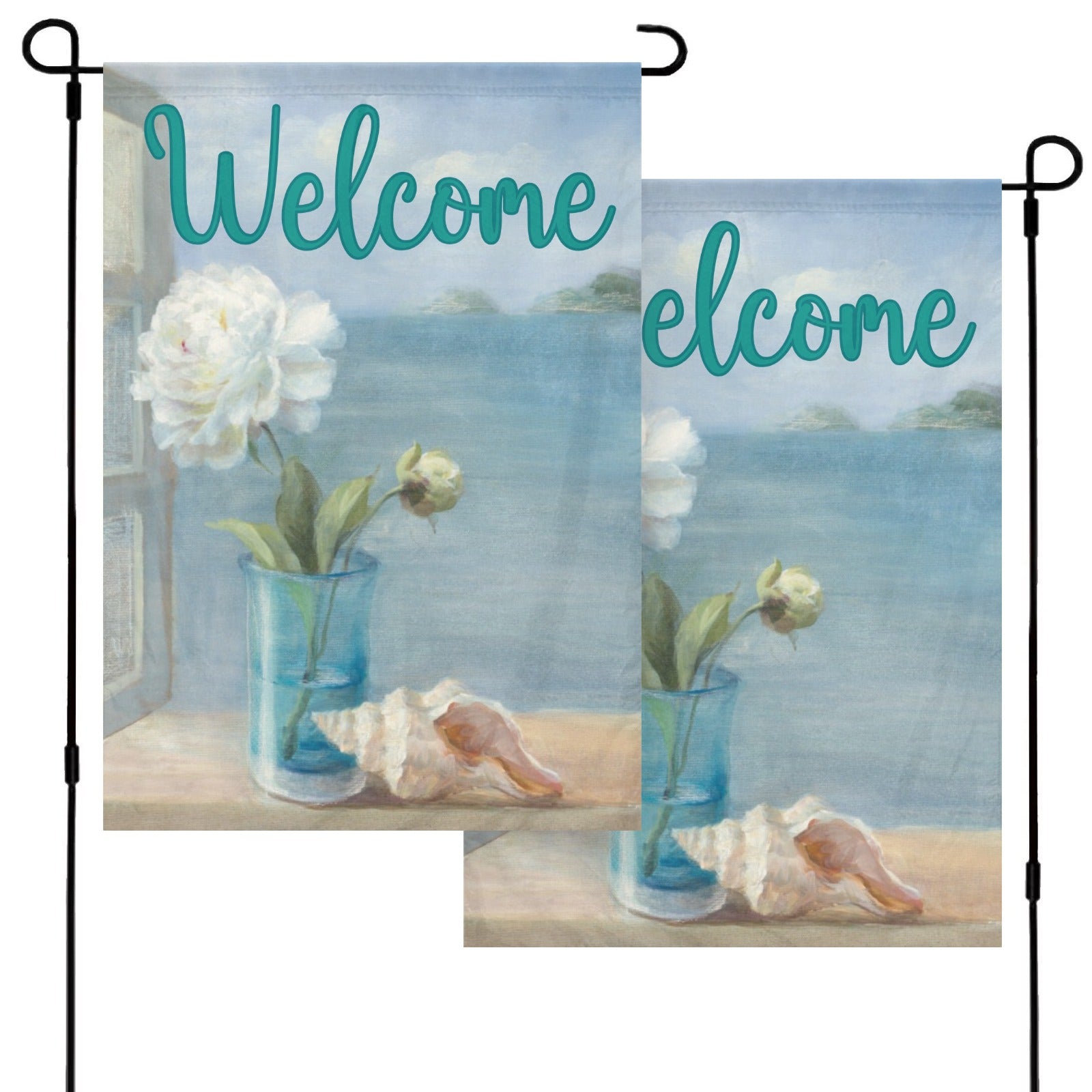 Coastal Floral Welcome Garden Flag, Double-sided design, Made in USA, with floral and seashell art