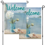 Coastal Floral Welcome Garden Flag, Double-sided design, Made in USA, with floral and seashell art