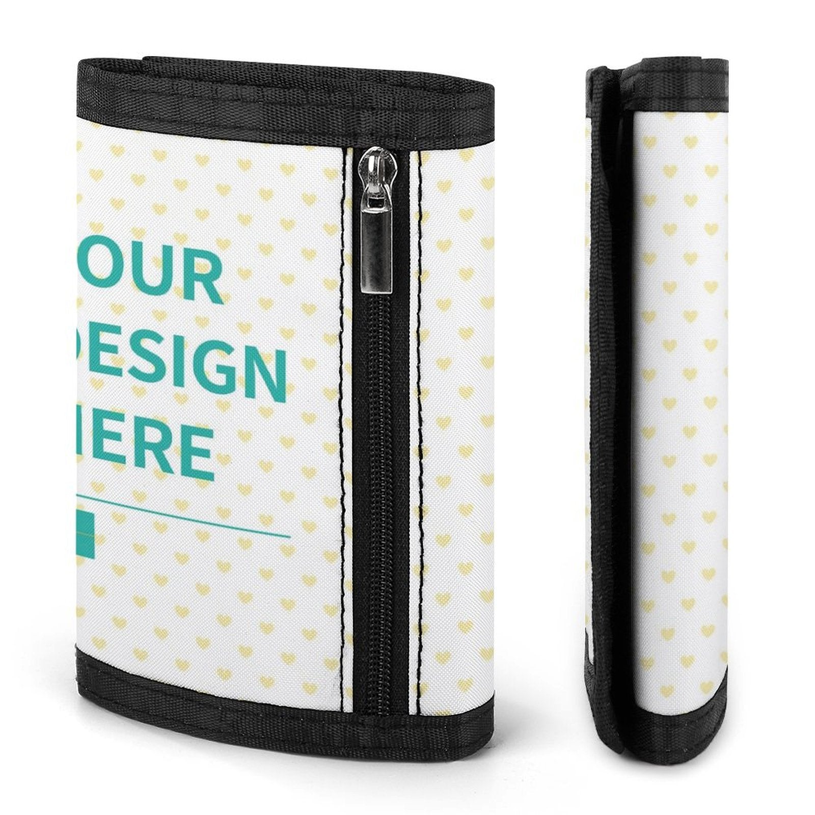 Personalized trifold wallet featuring 'OUR DESIGN HERE' design, white with yellow hearts and black trim.