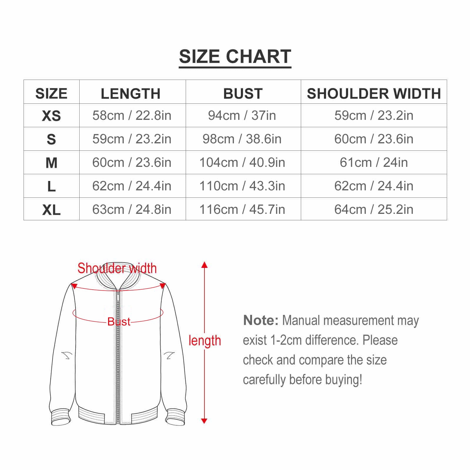 Custom Zip Up Jacket Size Chart: Bust, Shoulder Width, Length measurements for women's jackets, Size XS-XL