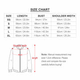 Custom Zip Up Jacket Size Chart: Bust, Shoulder Width, Length measurements for women's jackets, Size XS-XL