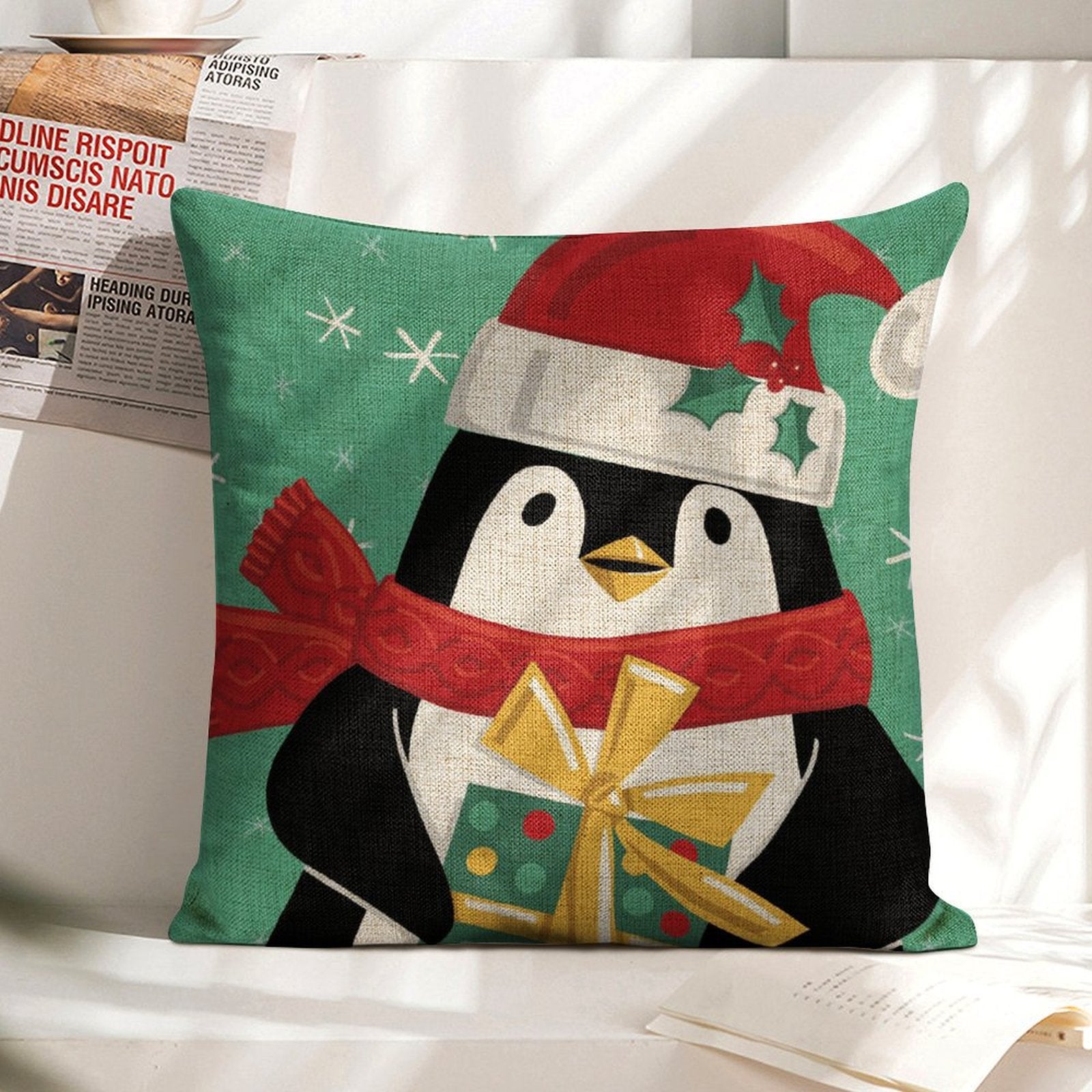 Christmas penguin pillow cover, linen material, 18x18 inches, holiday decor