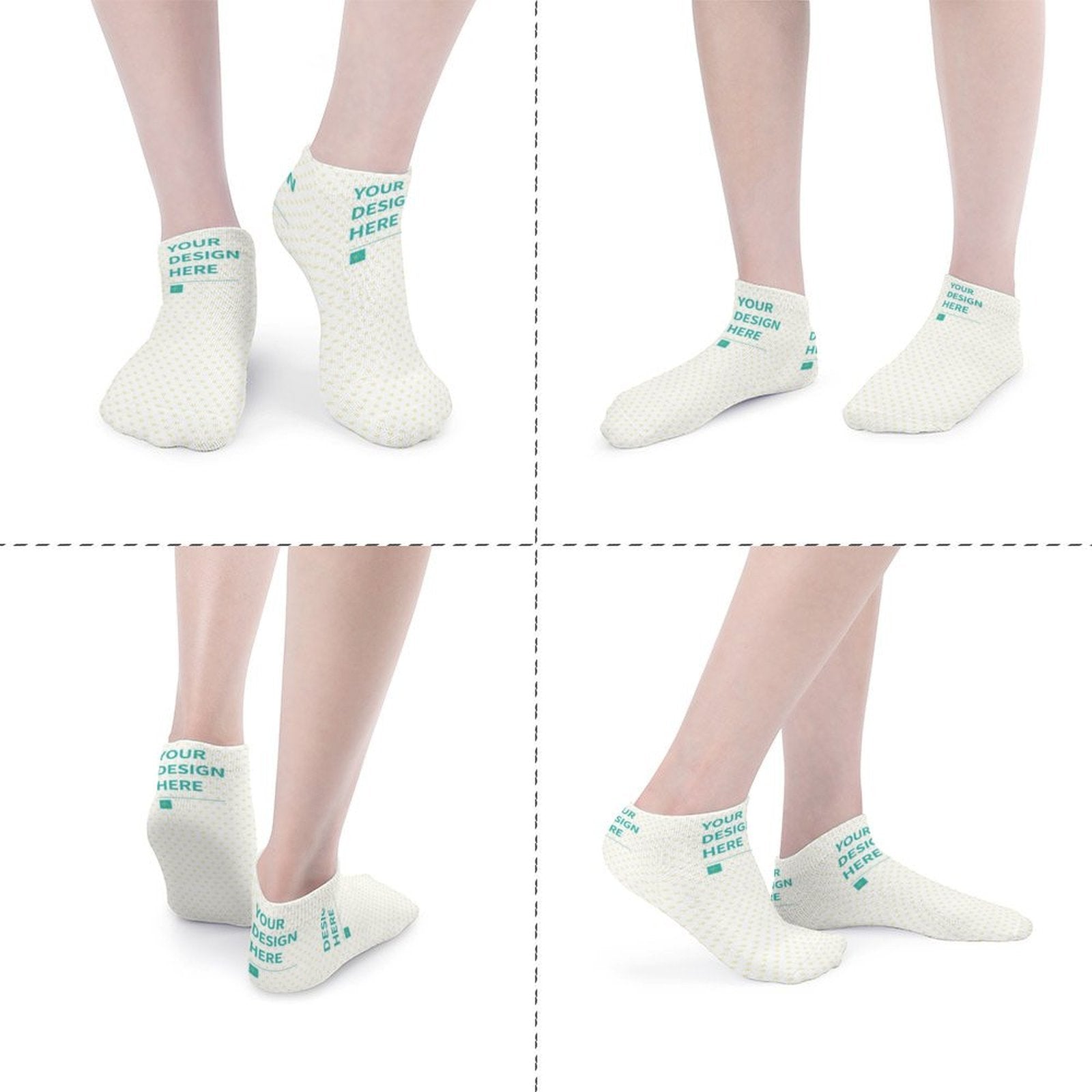 Customizable socks with 'YOUR DESIGN HERE' text, polyester material, perfect personalized gifts for men and women.