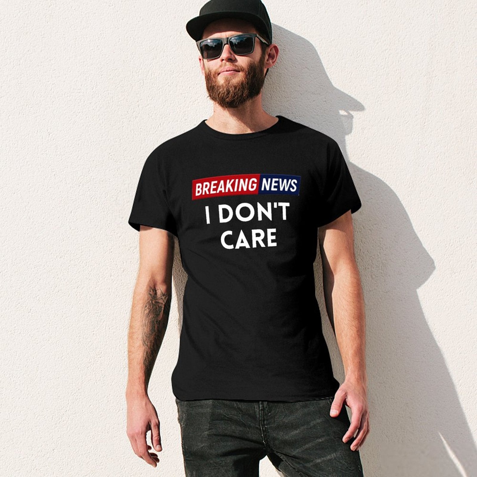 Men's black crew neck t-shirt with 'BREAKING NEWS I DON'T CARE' print - Classic tee