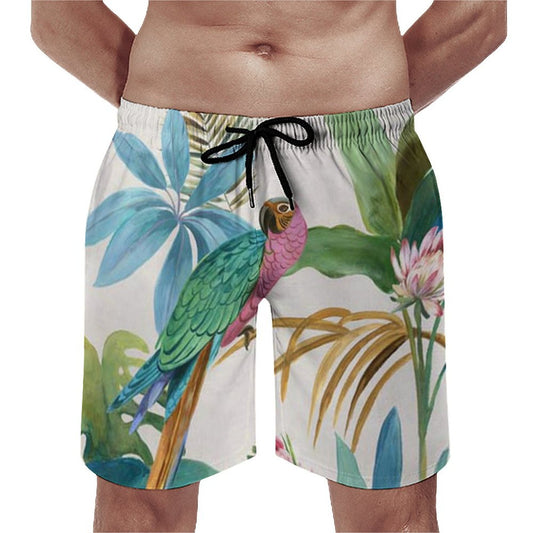 Men's Hawaiian Swim Trunks with colorful parrot print, quick-drying beachwear