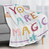 Unicorn Magic Flannel Blanket with YOU ARE MAGIC text, baby gift, made in USA