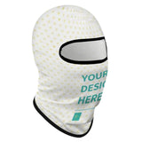 Customizable balaclava face mask, sun protection with 'YOUR DESIGN HERE' text, white with yellow hearts.