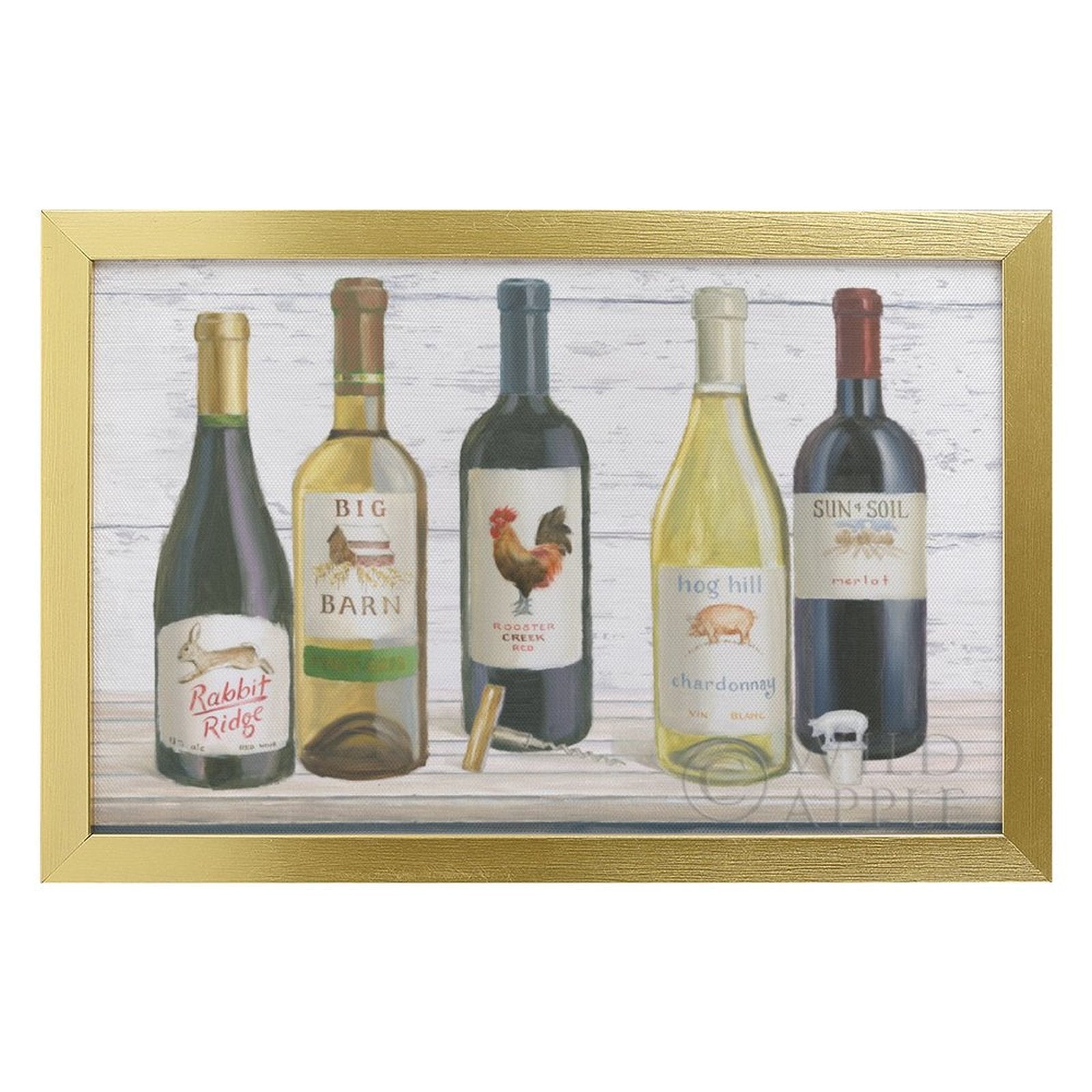 Framed Canvas Print: Wine bottles with Rabbit Ridge, Big Barn, Rooster Creek, Hog Hill, and Sun+Soil labels, home decor.