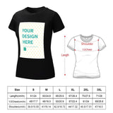 Custom women's black summer t-shirt with design area, round neck, short sleeve, size guide