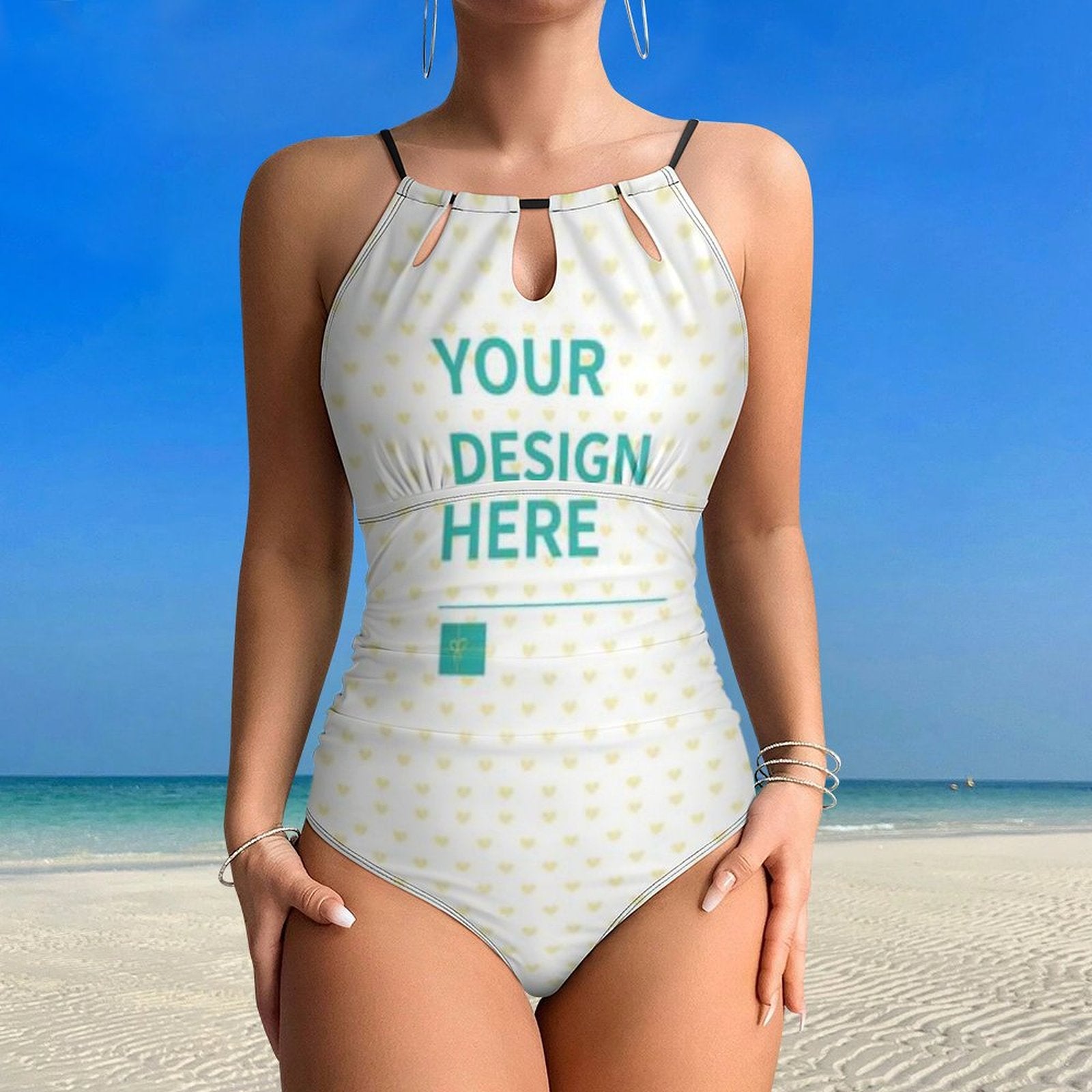 Customizable one-piece swimsuit with 'Your Design Here' text, white with heart pattern, perfect for summer