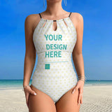 Customizable one-piece swimsuit with 'Your Design Here' text, white with heart pattern, perfect for summer