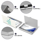 Aluminum alloy business card holder with detailed view of hinge, clam shell, arc design, Your Design Here for men and women