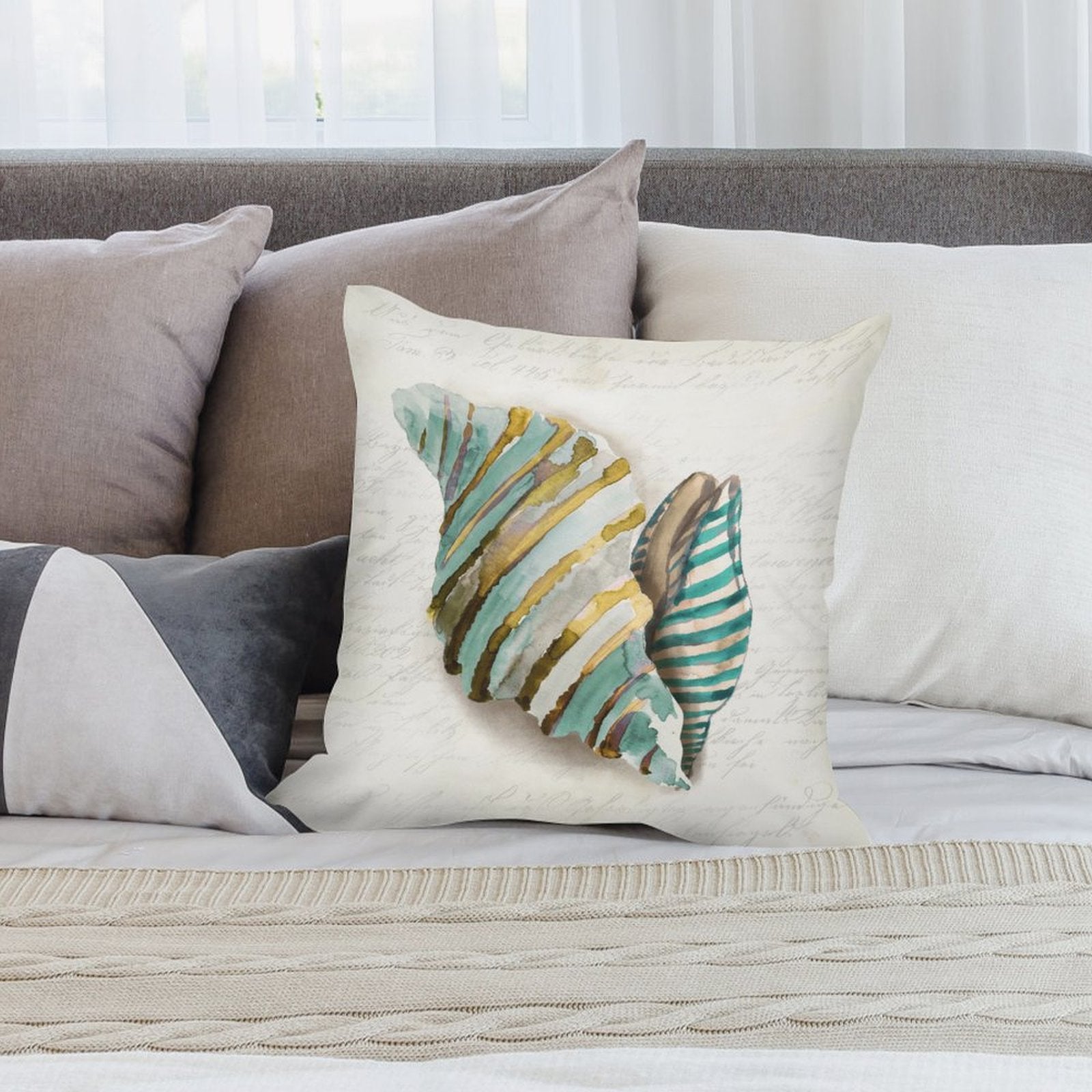 Teal and gold watercolor seashell pillow cover for sofa or bed. Decorative, soft, and fluffy pillow cover.