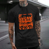 Black TikTok Refugee Gildan tee. Cotton t-shirt with unique orange stamp design, perfect for everyday wear.