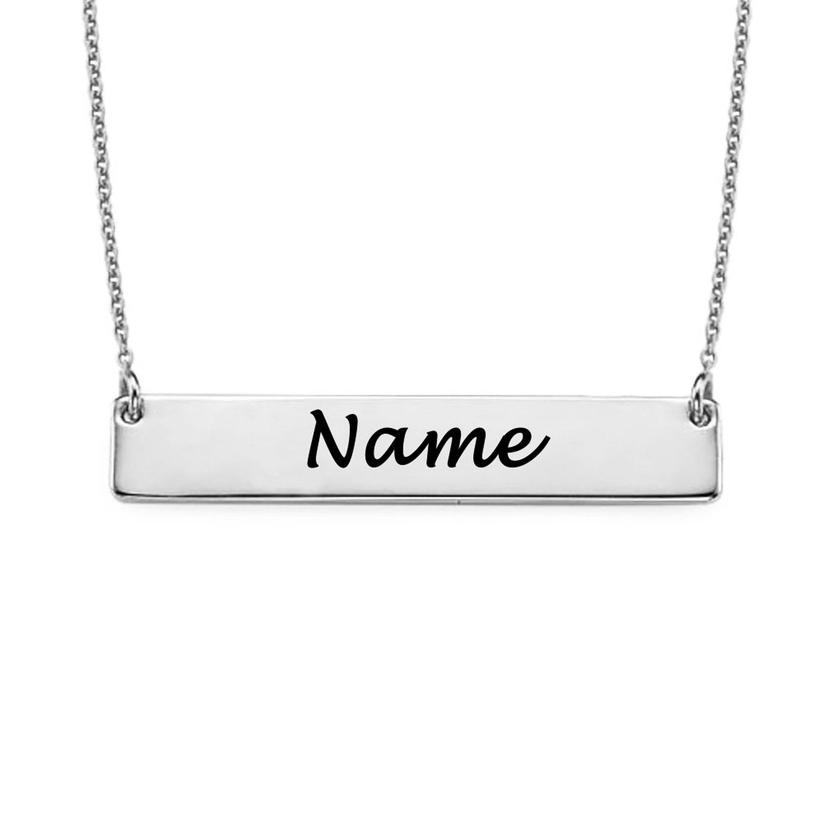 Silver Personalized Name Bar Necklace with custom engraved name jewelry gift for women and men.